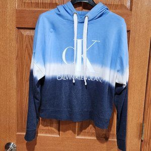 CALVIN KLEIN JEANS Women's S Blue White Long Sleeve Cropped Logo Pullover Hoodie